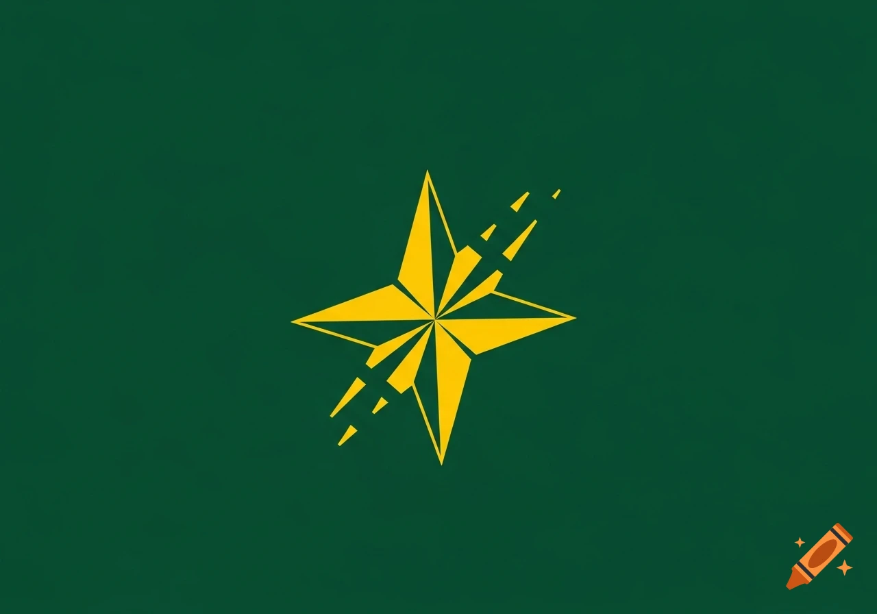 A stylized yellow star with fragmented edges on a solid dark green background.