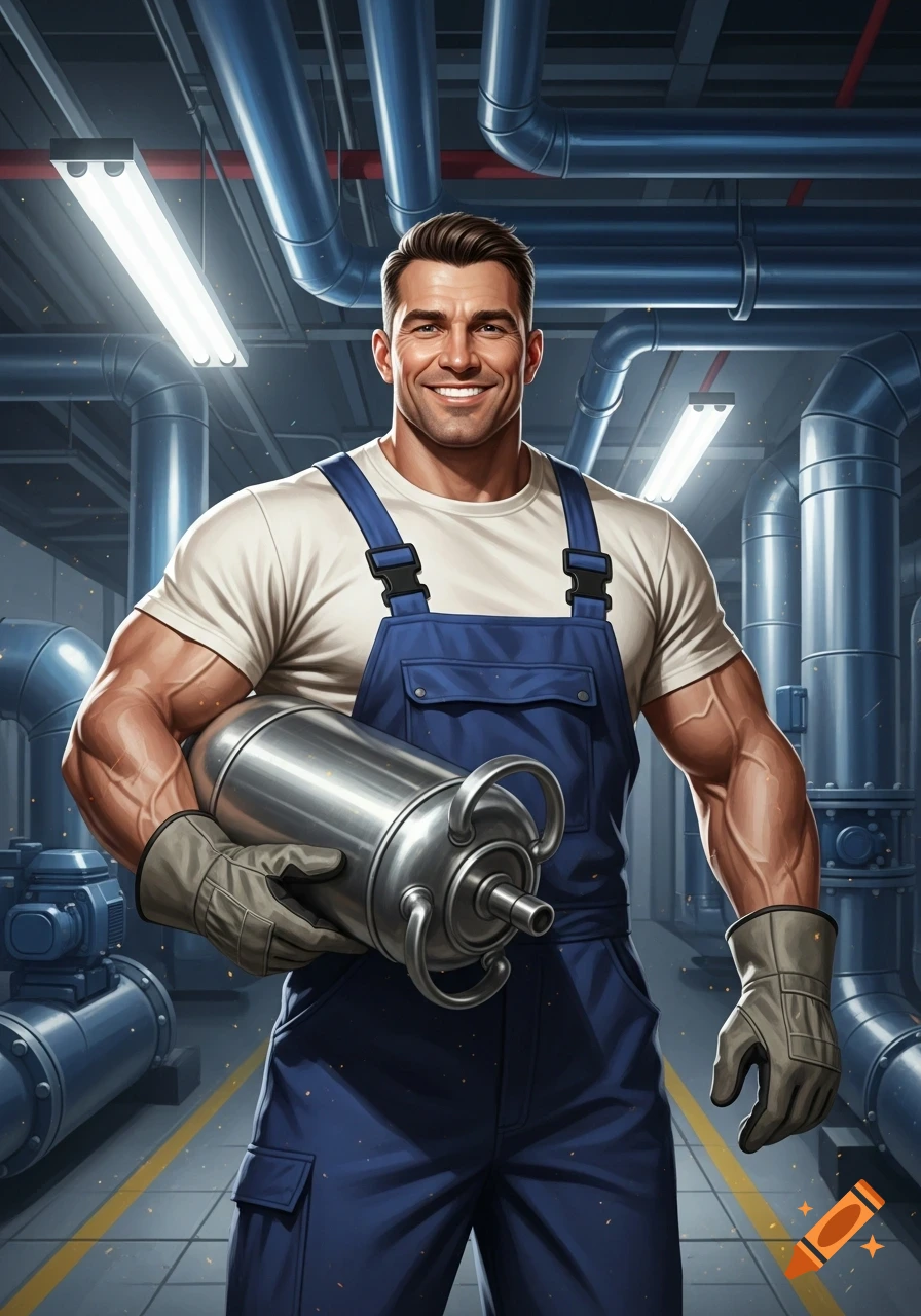 Smiling muscular refrigeration engineer in blue overalls and gloves holds a freon tank in a pipe-filled industrial room, photorealistic.