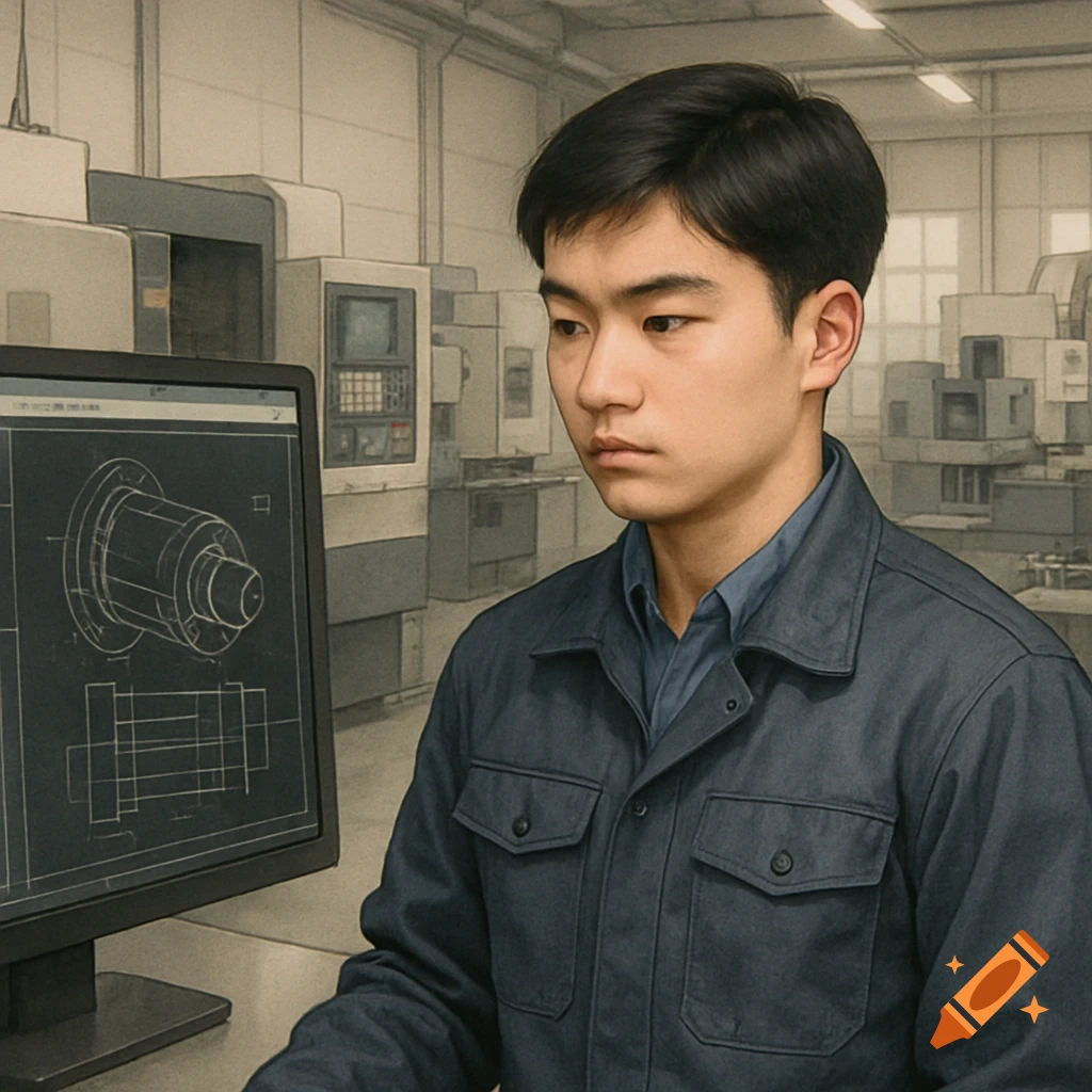 A Korean male student in a navy work uniform intently views a CAD drawing on a computer screen in a tidy manufacturing workshop, in a realistic illustration style.