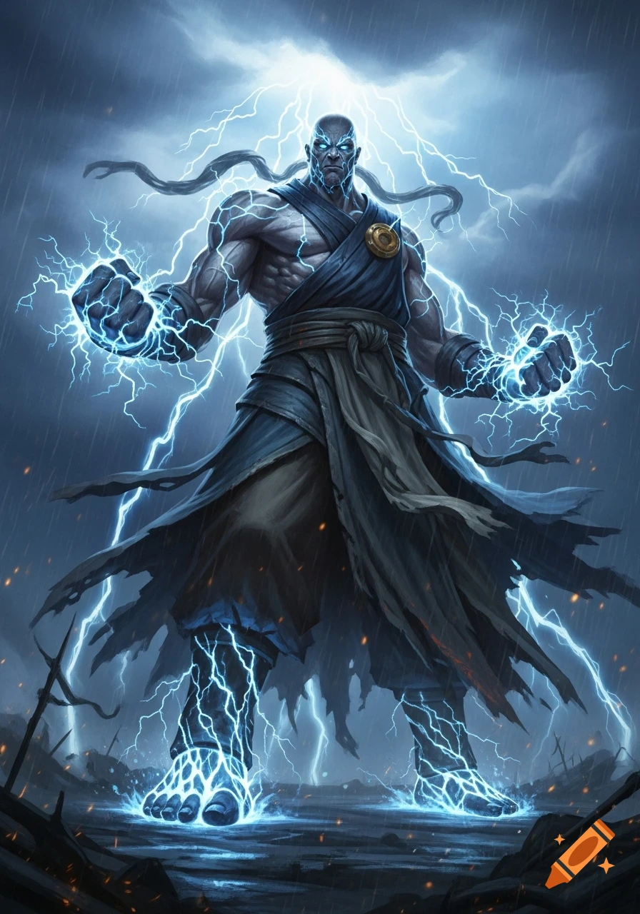 A powerful storm giant monk stands defiantly in rain, wielding blue lightning in his fists and around his body, under a stormy sky.