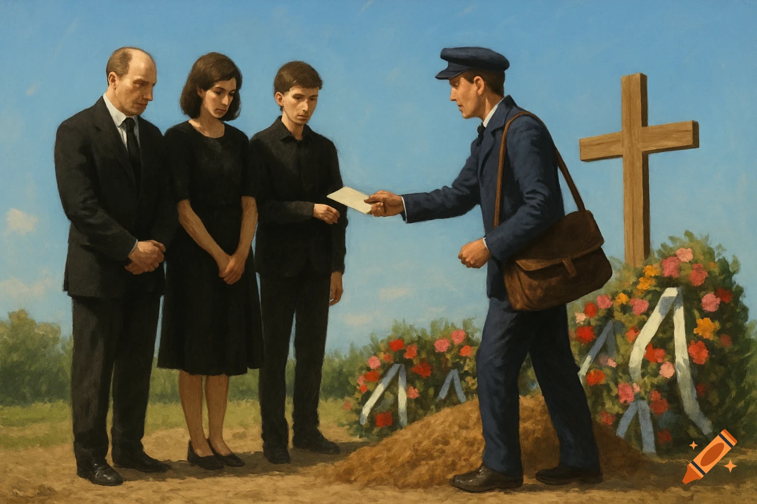 A painting depicts a postman handing a letter to a grieving family (father, mother, and son) at a graveside with a wooden cross and wreaths.