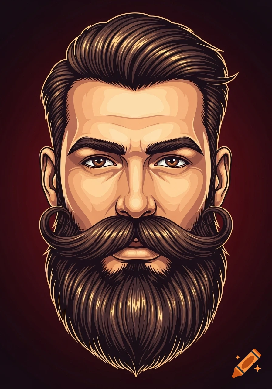Stylized vector illustration of a man with a large, curly mustache and full beard, looking directly forward.