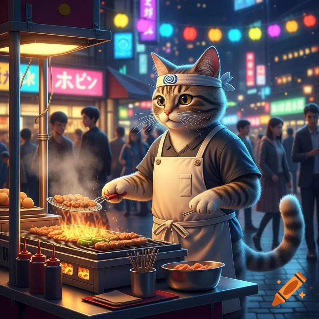 An anthropomorphic tabby cat chef, wearing an apron and headband, cooks street food on a grill at a vibrant night market.