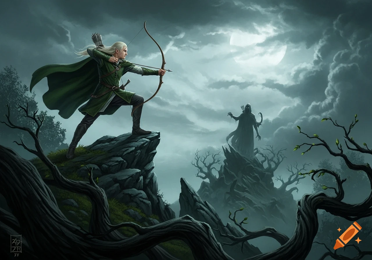 An elf archer with long white hair aims a bow and arrow from a rocky cliff at a shadowy, hooded monster under a full moon.
