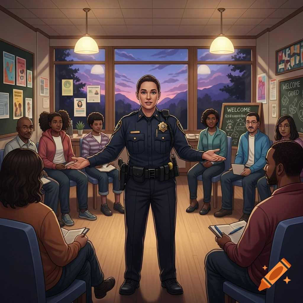 A female police officer stands with arms open, addressing a diverse group of adults seated in a semi-circle during a community meeting. The room has large windows looking out at mountains and a chalkboard in the background.