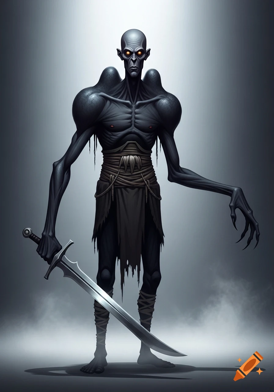 A gaunt, dark-skinned monster with glowing eyes, exaggerated shoulders, and long arms holds a sword against a grey background.