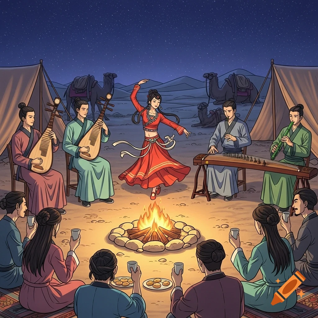 Cartoon desert night scene: people in traditional attire gather around a campfire. A woman dances while musicians play, others relax. Camels rest under a starry sky.
