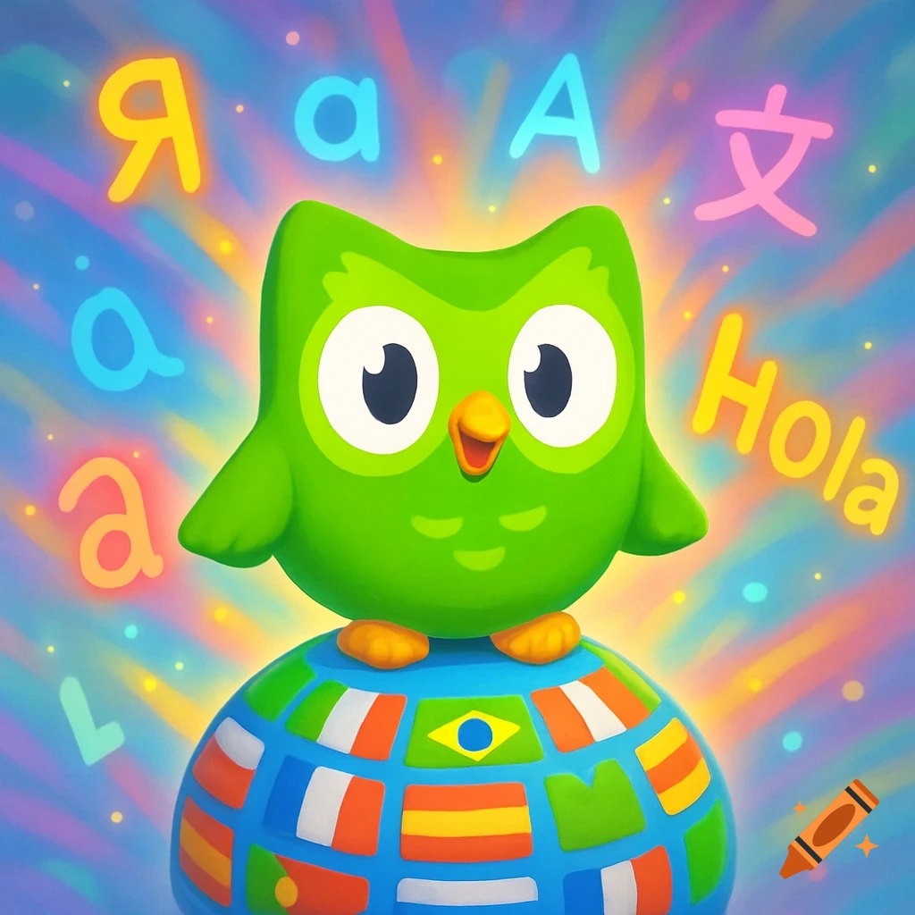A cartoon Duolingo owl stands on a globe, surrounded by glowing letters and words from different languages.