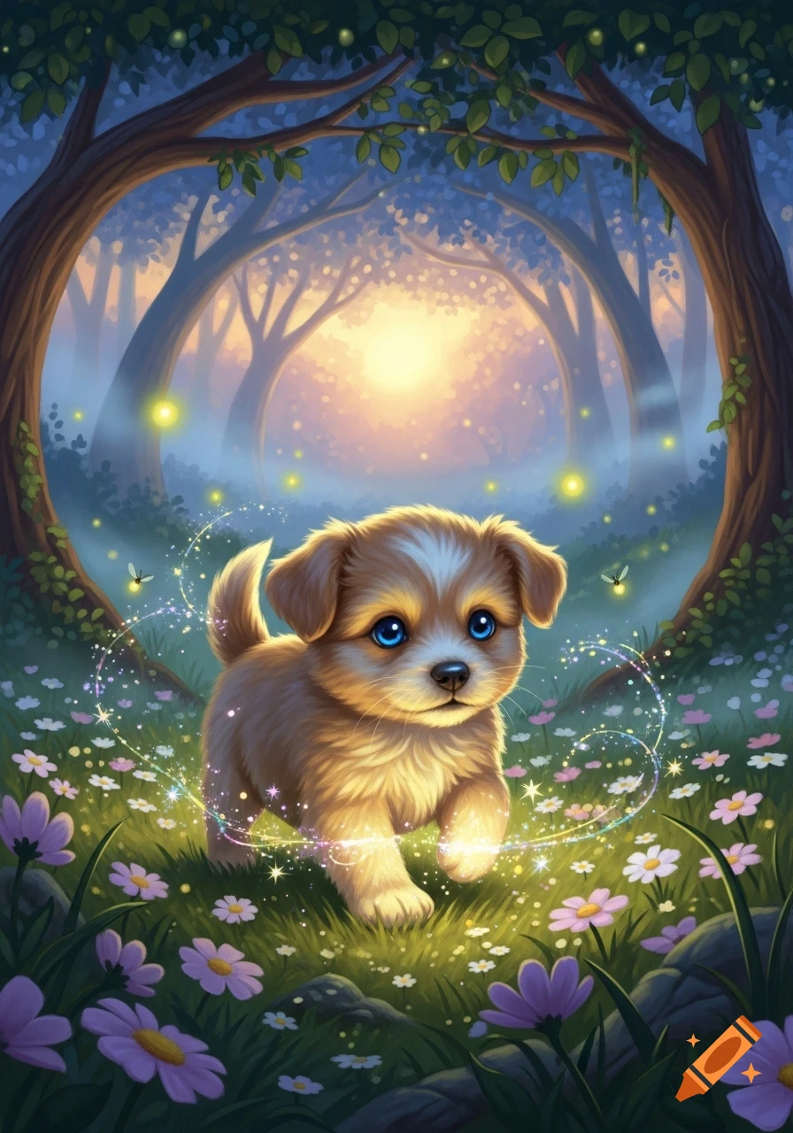 A fluffy brown and white puppy with blue eyes stands in a magical forest clearing with glowing fireflies and flowers.