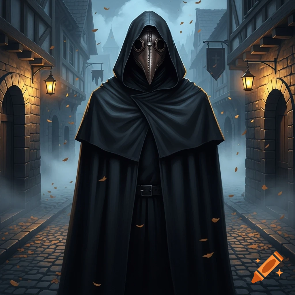 A hooded plague doctor in a black cloak and bird-beak mask stands on a ...