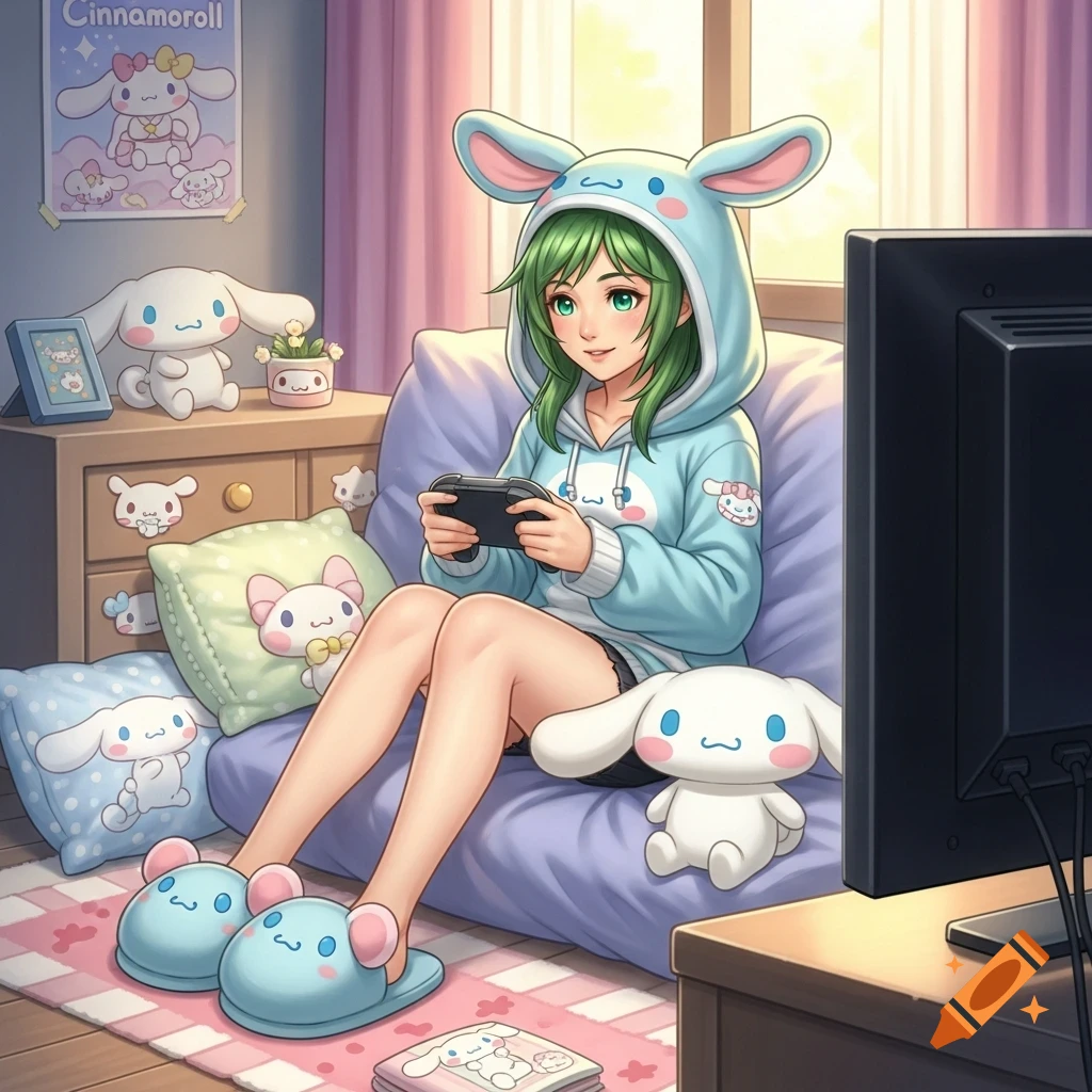 A green-haired anime girl in a Cinnamoroll hoodie plays video games, surrounded by Cinnamoroll merchandise in her cozy room.