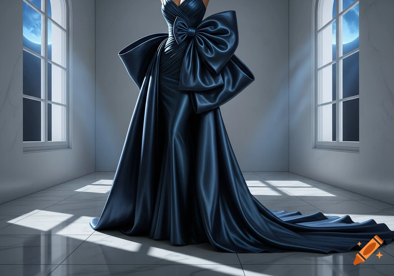 A luxurious dark blue satin gown with a large bow, in an elegant room with windows overlooking a moonlit night sky.