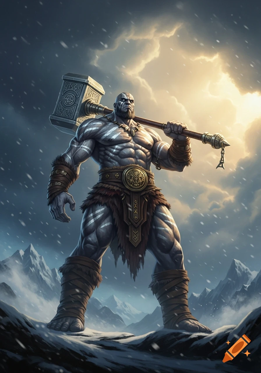 A muscular, grey-skinned Goliath barbarian with white markings stands on a snowy mountain, holding a large hammer over his shoulder under a stormy, sunlit sky.