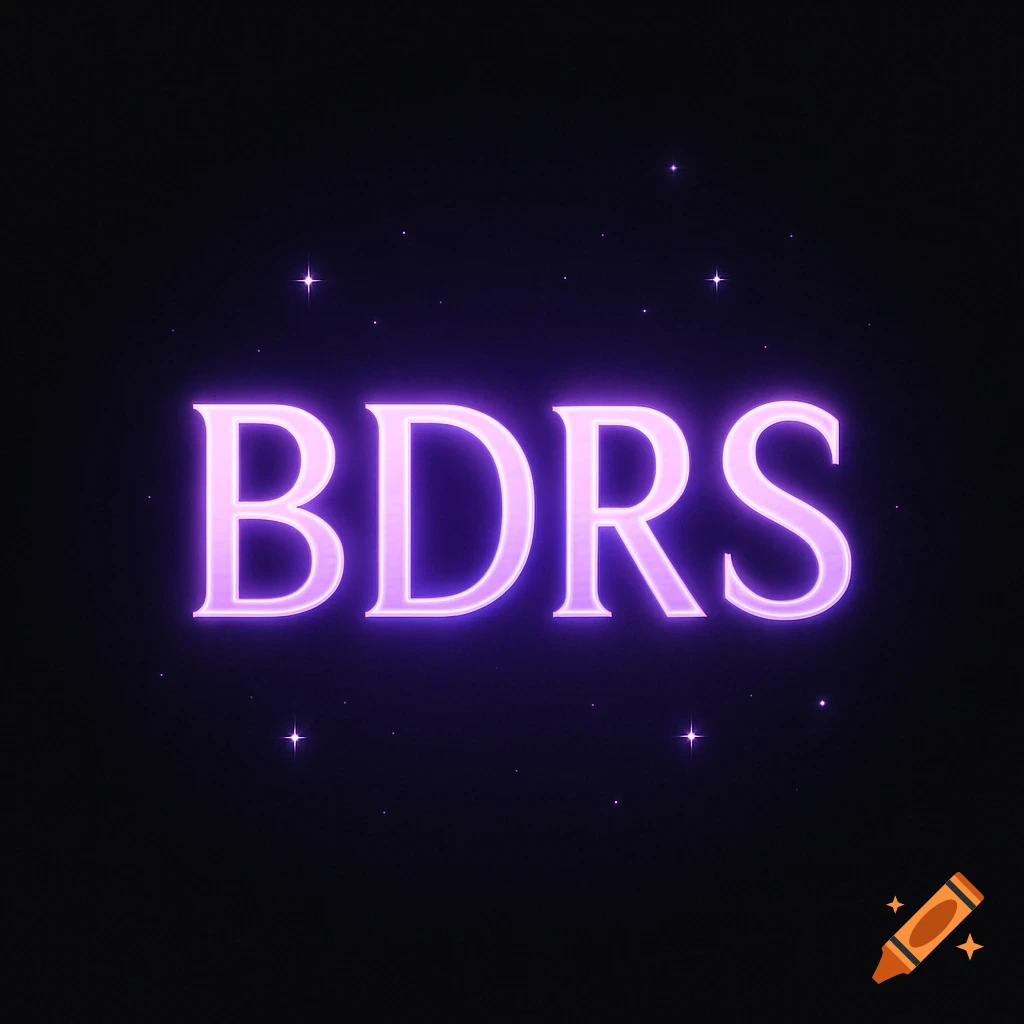 Neon purple letters BDRS glowing on a dark background with small stars
