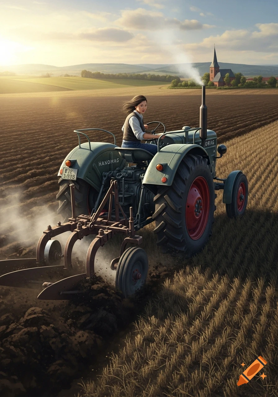 A woman drives a vintage Hanomag tractor with a plow through a vast, sunlit field. A church and hills are in the background.