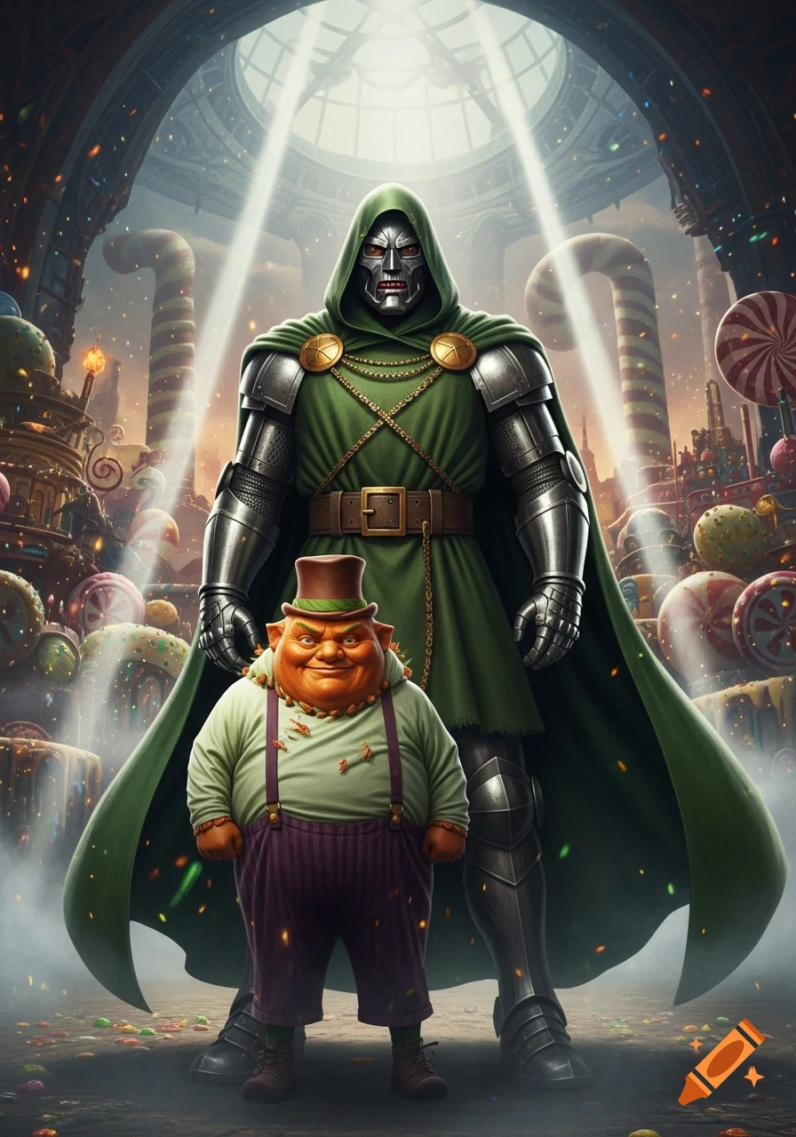 Doctor Doom stands with a short, orange-skinned, green-suited character in a fantastical candy land setting.