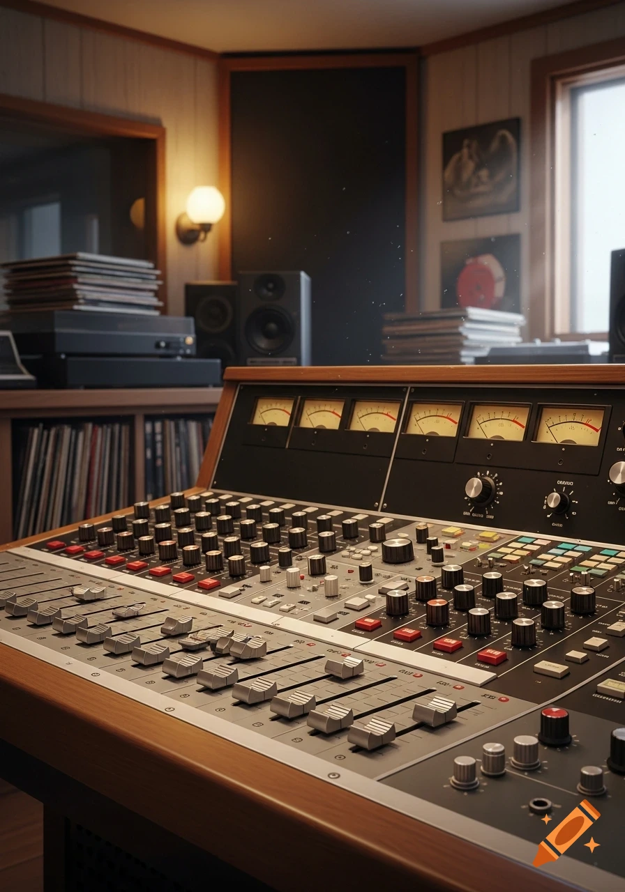 A close-up, low-angle shot of a vintage audio mixing console with many sliders, knobs, and meters in a recording studio, bathed in warm light.