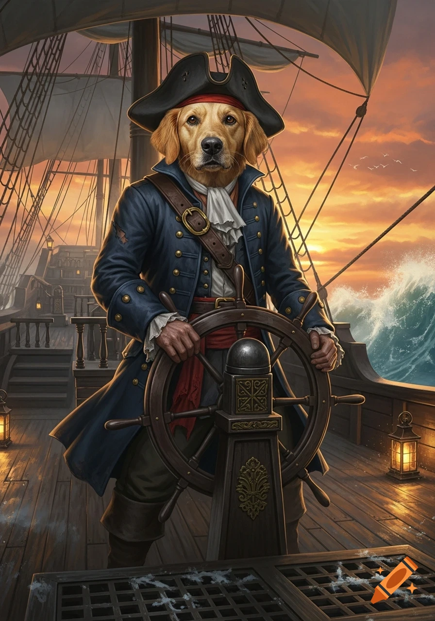 A golden retriever's head on a pirate's body, steering a ship at sunset with a dramatic ocean backdrop.
