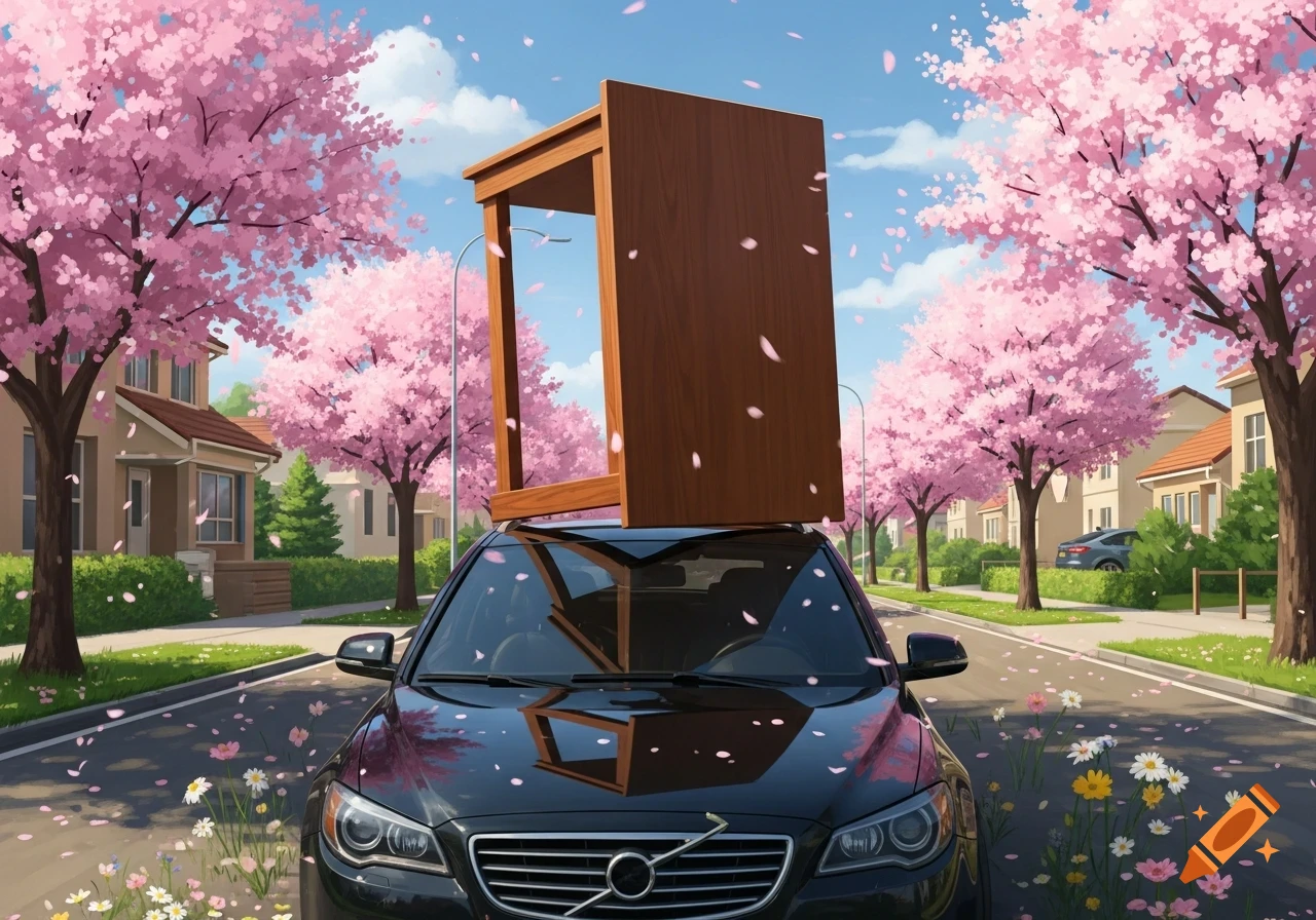 A stylized image of a black car with a wooden table standing upright on its roof, parked on a street lined with cherry blossom trees in full bloom. Pink petals fall and litter the ground.