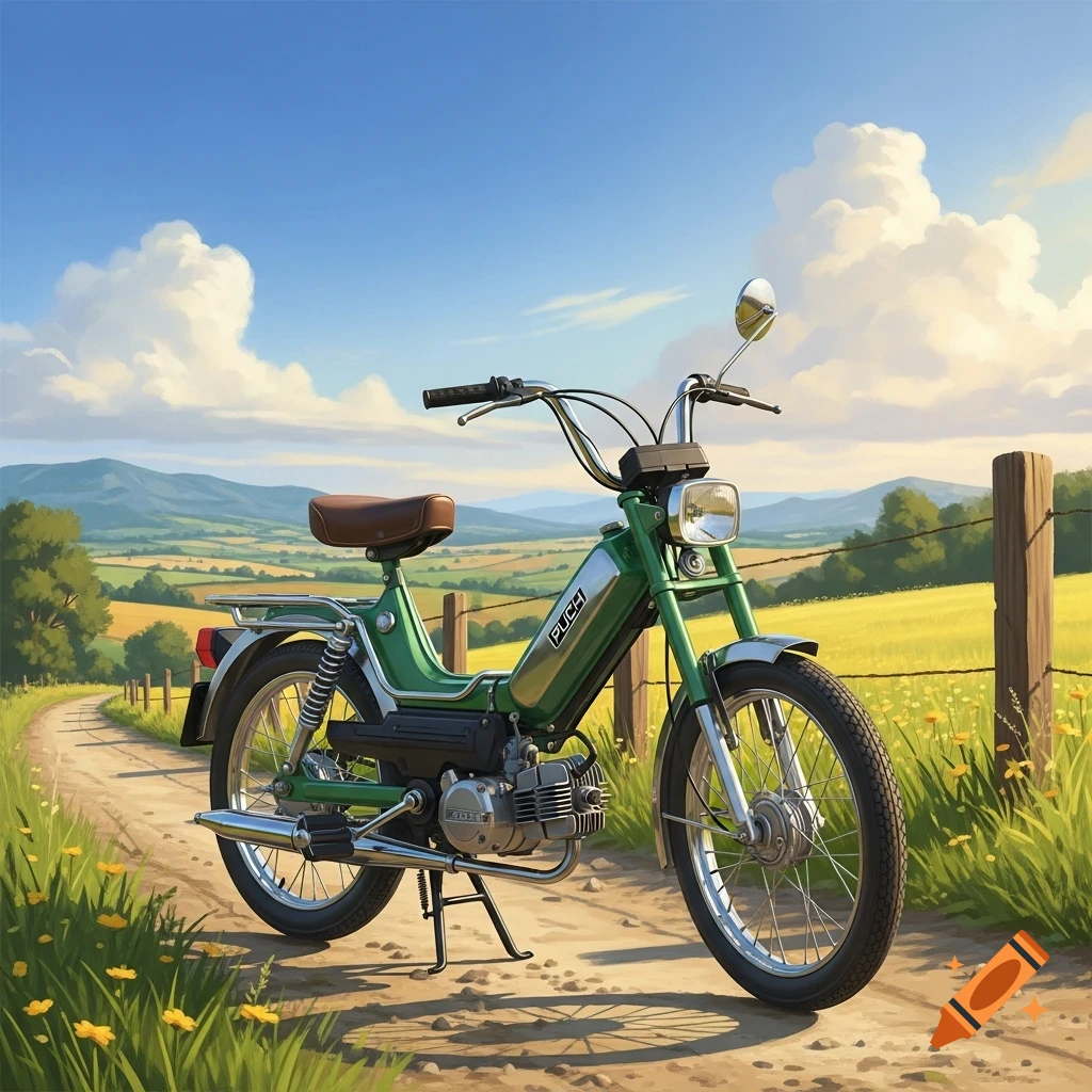 A vintage green Puch moped rests on a dirt road in a sunny, green countryside with rolling hills and yellow fields.