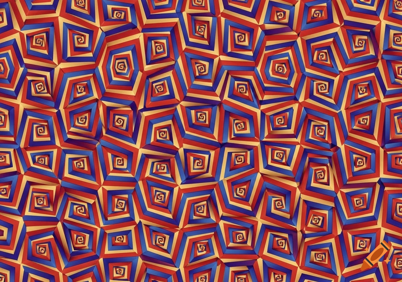 Abstract geometric pattern of red, blue, and yellow interlocking polygons with central swirls, forming an optical illusion.