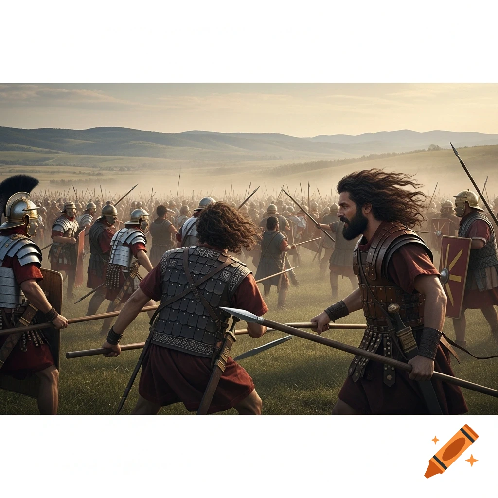 Ancient Roman and Dacian soldiers battle with spears and swords on a misty, grassy field under a cloudy sky.