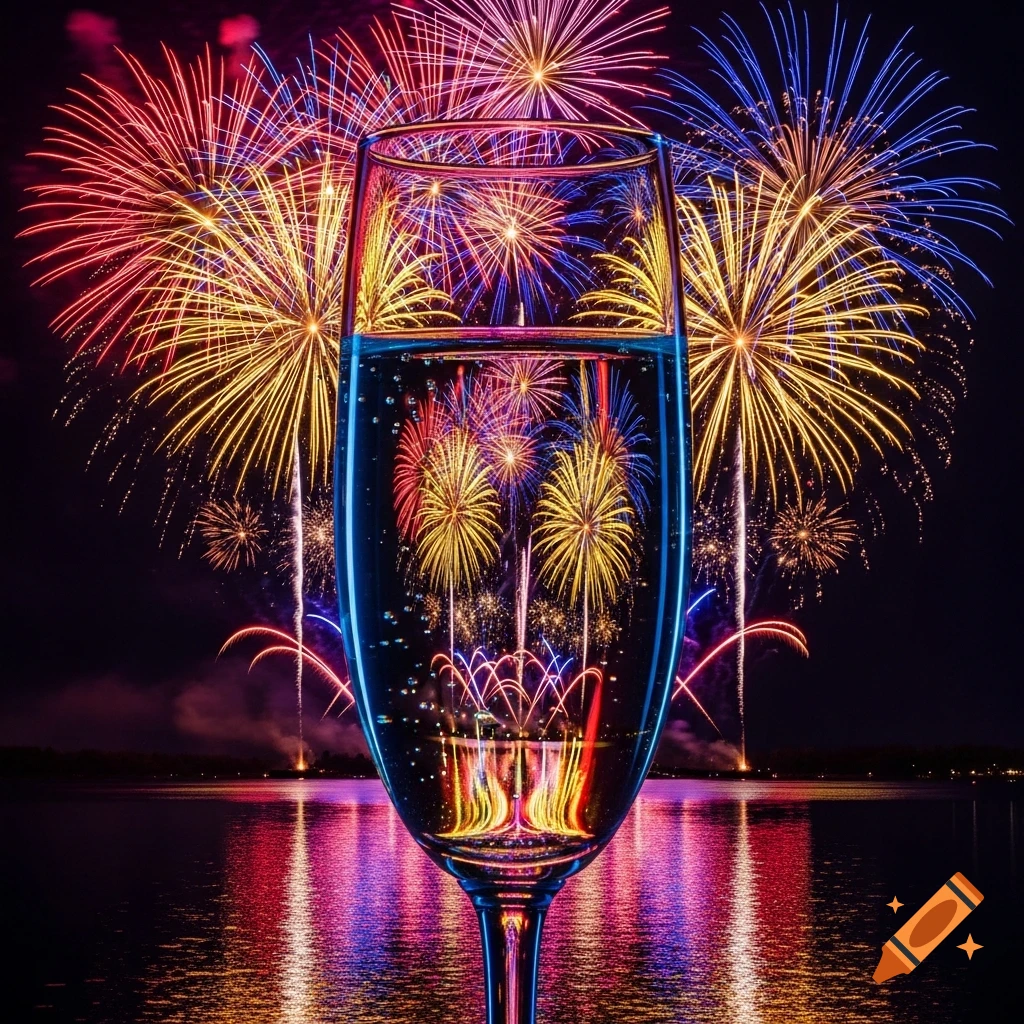 A clear glass of sparkling liquid reflects a colorful fireworks display over a body of water at night.