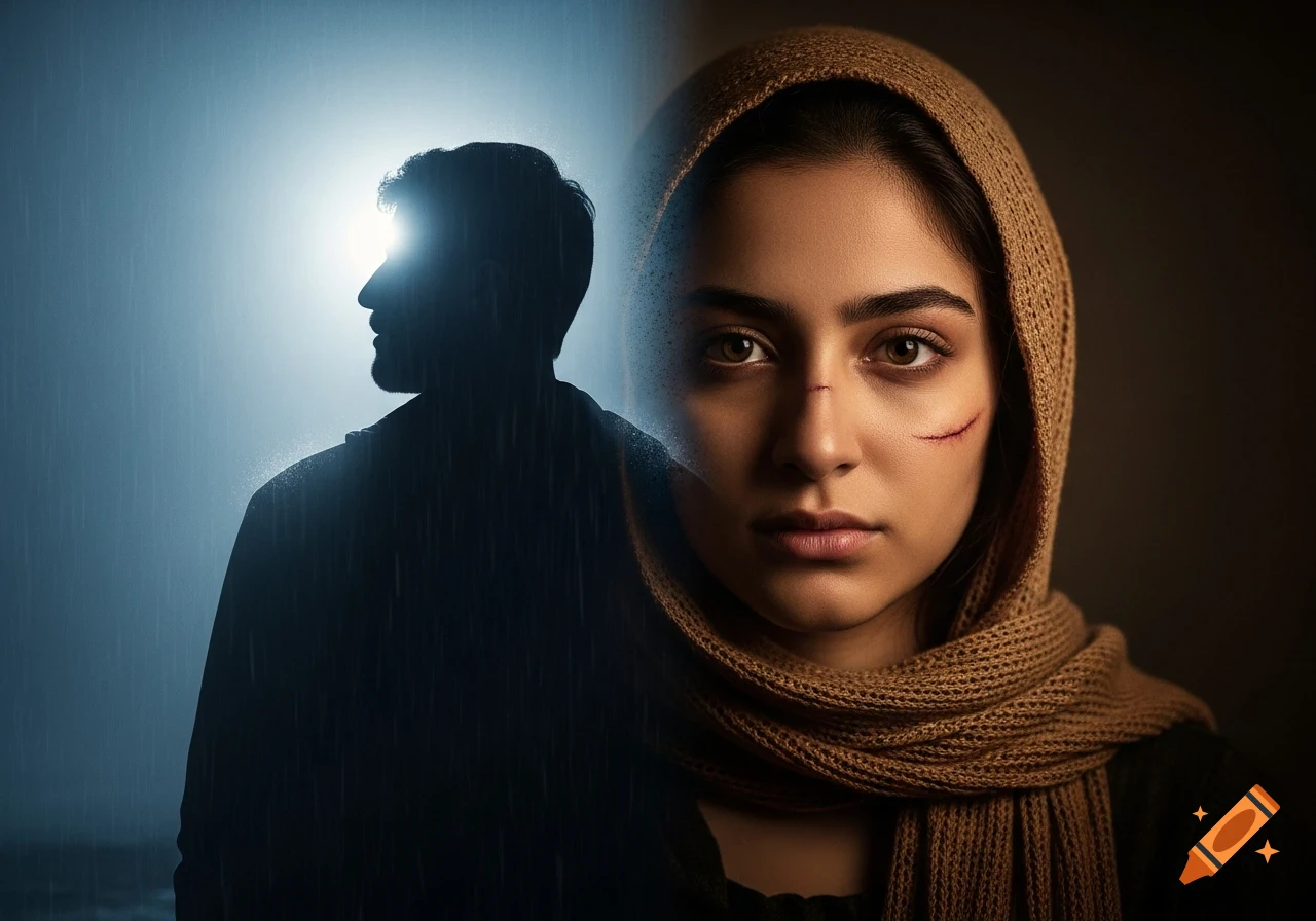 Dramatic split image of a woman in a headscarf with facial scratches and a silhouetted man in the rain.