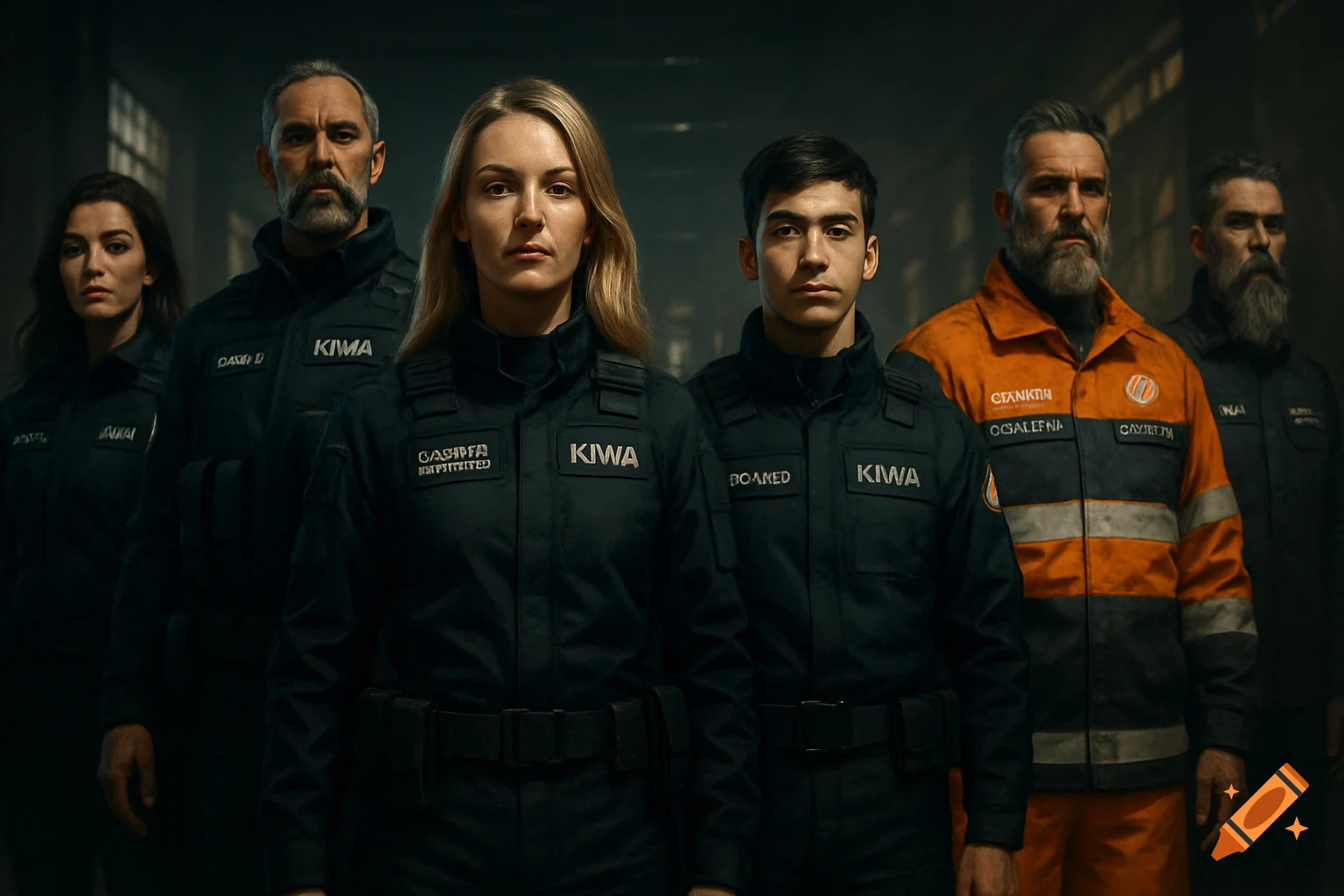 A diverse group of six serious-looking individuals in tactical and industrial uniforms stand together in a dimly lit warehouse-like setting. Text on their uniforms is partially illegible.