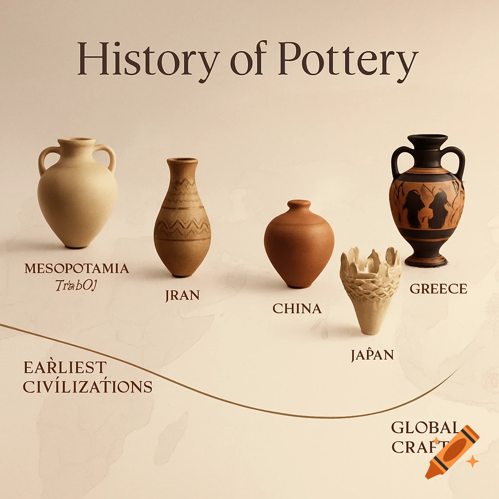 An infographic titled 'History of Pottery' showing five distinct pottery pieces from Mesopotamia, Iran, China, Japan, and Greece, with a timeline curve.