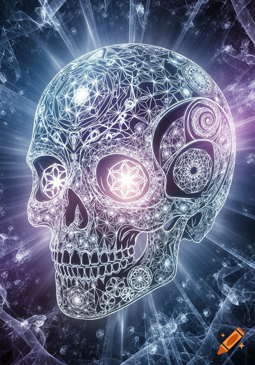 Stylized skull composed of intricate white geometric and fractal patterns, glowing with blue and purple light against a dark, cosmic background.