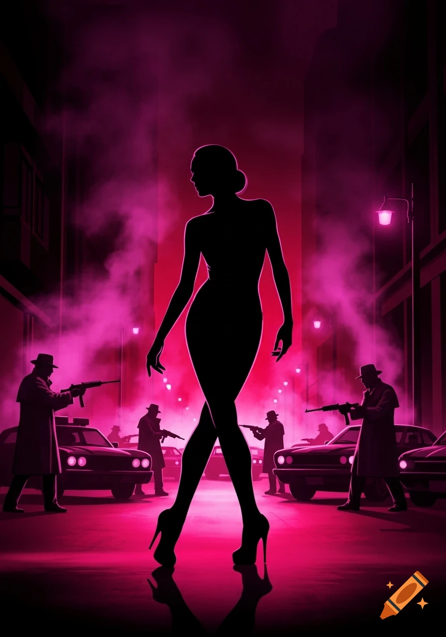 A stylized illustration of a woman's silhouette in heels on a dark pink smoky street, with gangster figures and cars in the background.