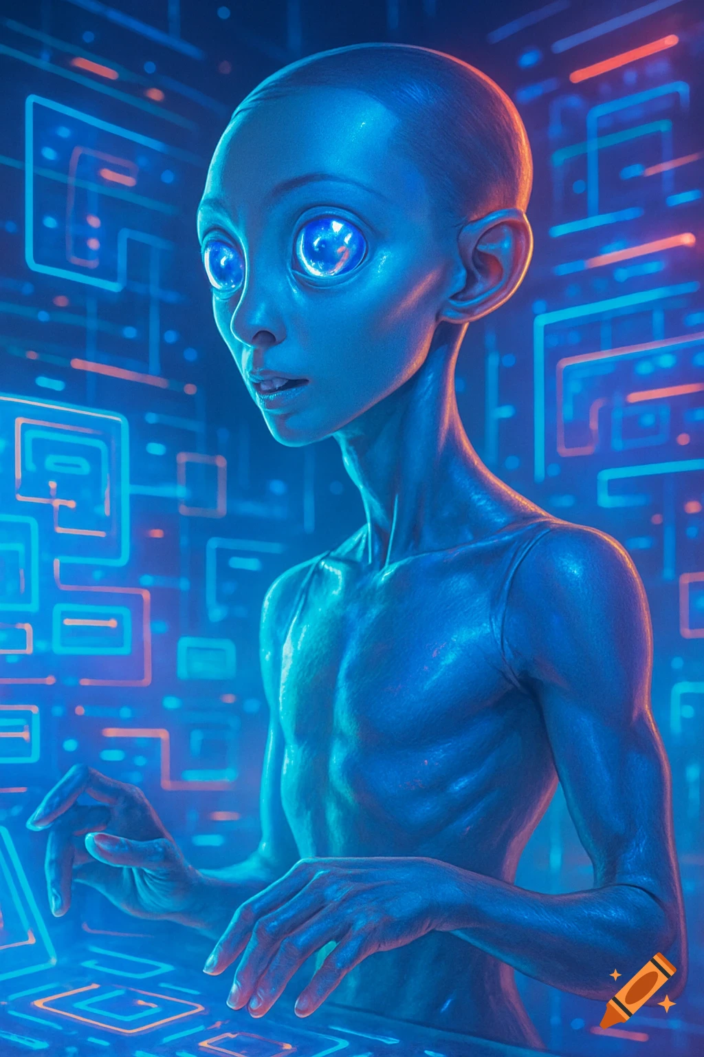 A blue-skinned alien-like figure with large glowing eyes leans forward, hands poised over a luminous interface amidst glowing circuit patterns.