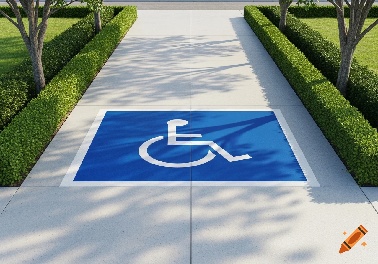 A white disabled access symbol on a blue square painted on a sunlit concrete path, bordered by green hedges and trees.