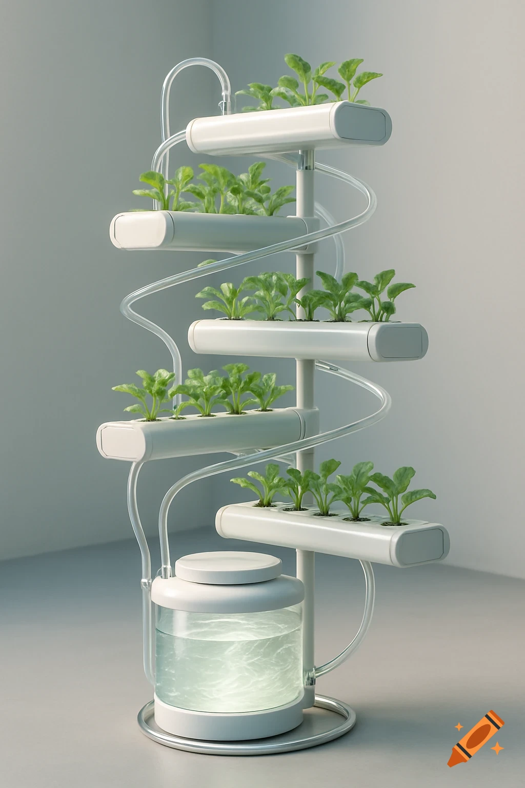 A modern vertical hydroponic plant system with multiple tiers of small green plants, clear tubing, and an aerated water reservoir at the base.