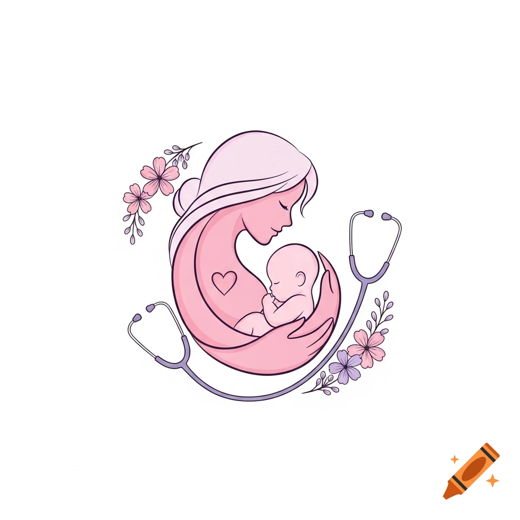 Illustration of a mother embracing a baby, surrounded by a stethoscope and flowers, in pink and purple tones.