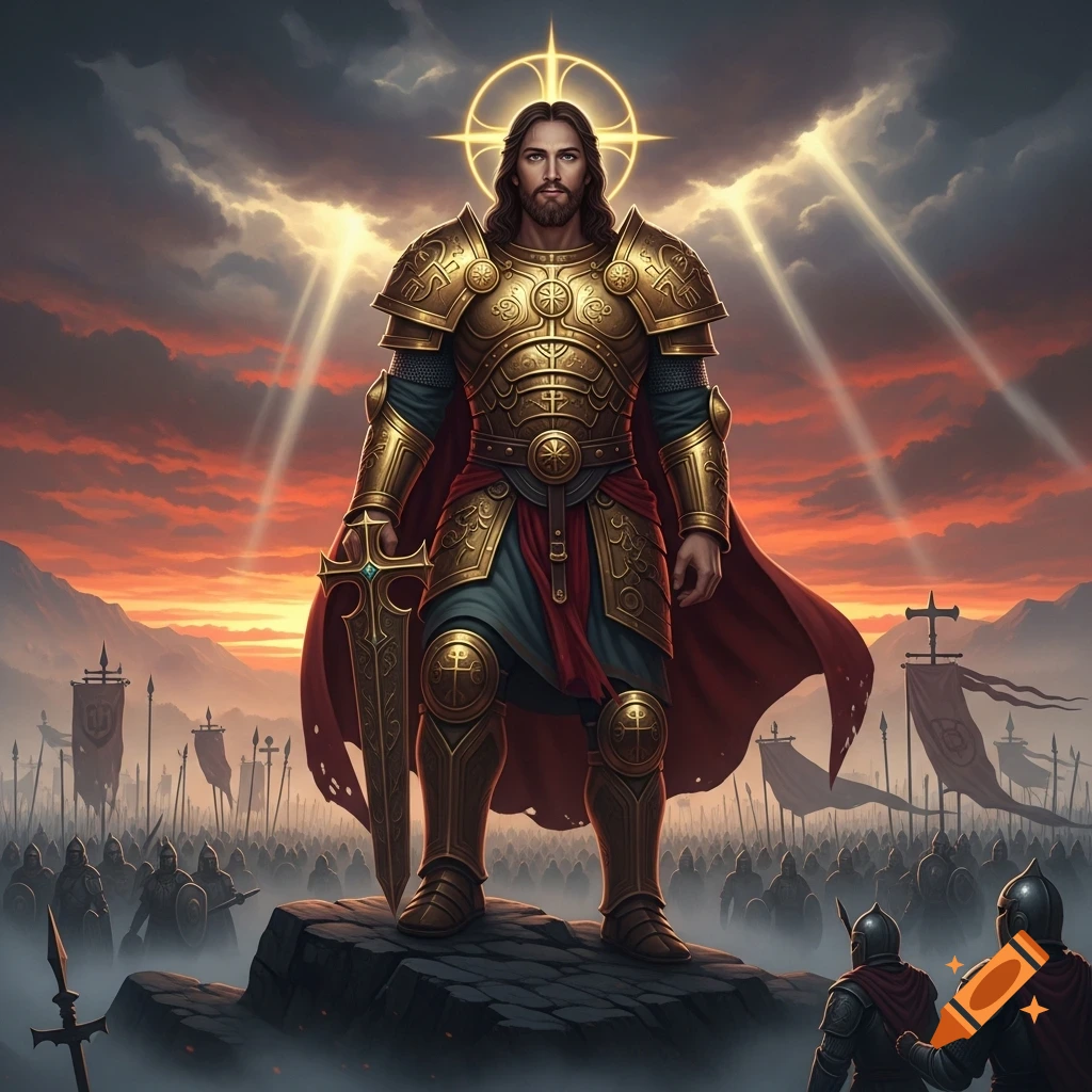 Jesus Christ in golden armor with a sword and halo, standing heroically on a rock before an army under a dramatic sunset sky.
