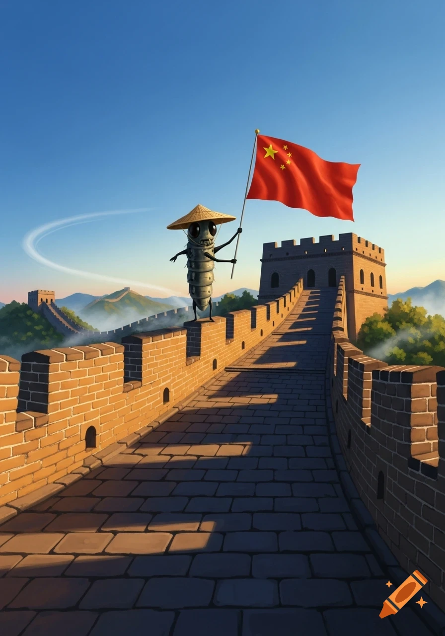 A cartoon caterpillar-like creature wearing a straw hat stands on the Great Wall of China, holding a large Chinese flag.
