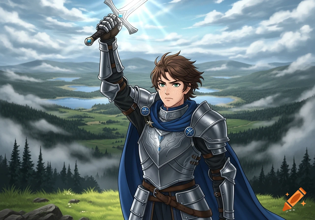 A determined anime knight with brown hair and green eyes, wearing silver armor and a blue cape, stands on a grassy hill, holding a glowing sword aloft against a backdrop of lakes, hills, and a cloudy sky.