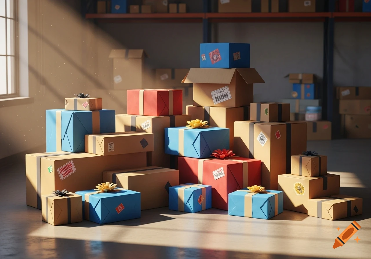 A sunlit warehouse scene features a large stack of various blue and red gift-wrapped boxes and brown cardboard shipping boxes.