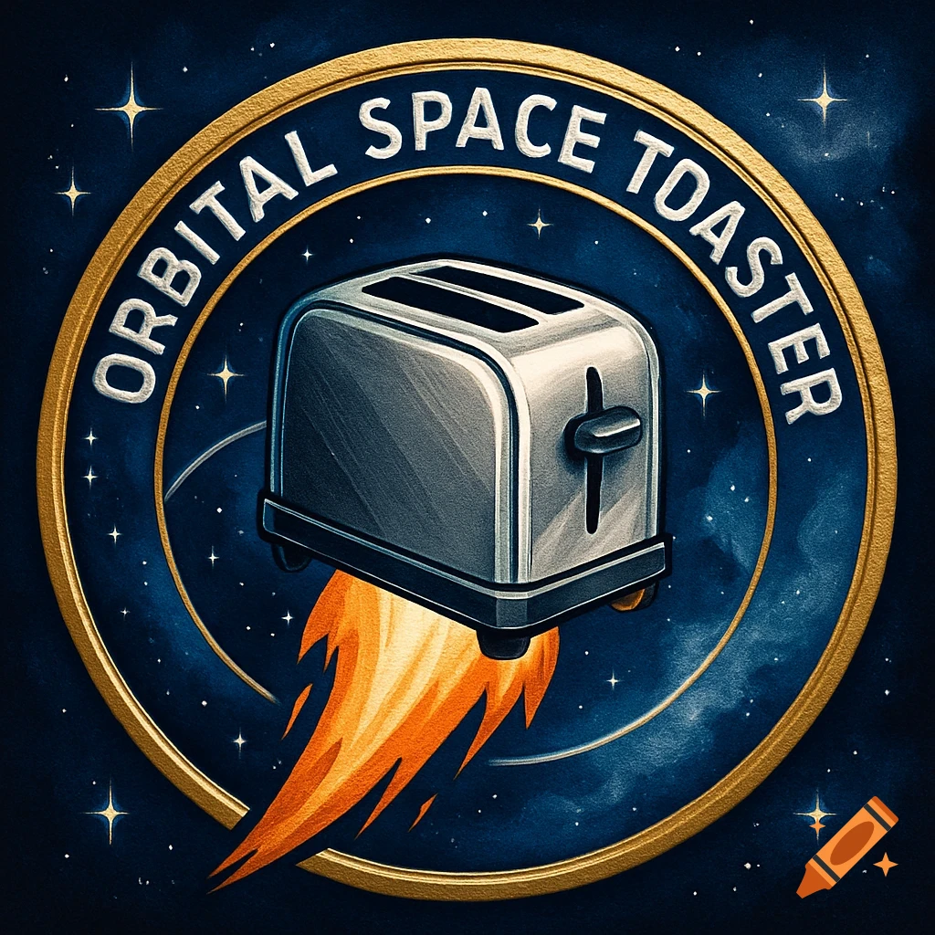 A stylized mission badge featuring a metallic toaster launching with flames, against a dark blue starry space background, encircled by the text "ORBITAL SPACE TOASTER".