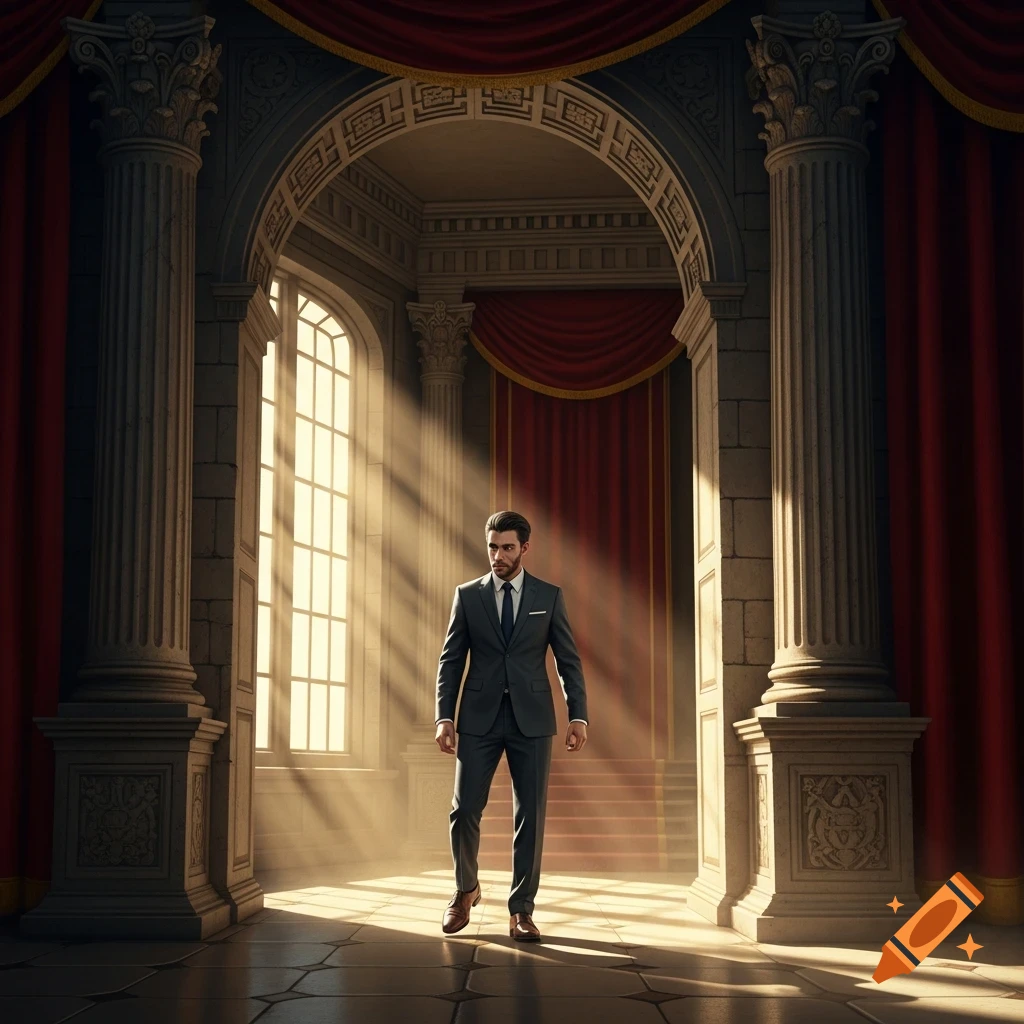 A well-dressed man in a dark suit stands confidently in a grand hall with classical columns, red curtains, and sunlight streaming through a large arched window.