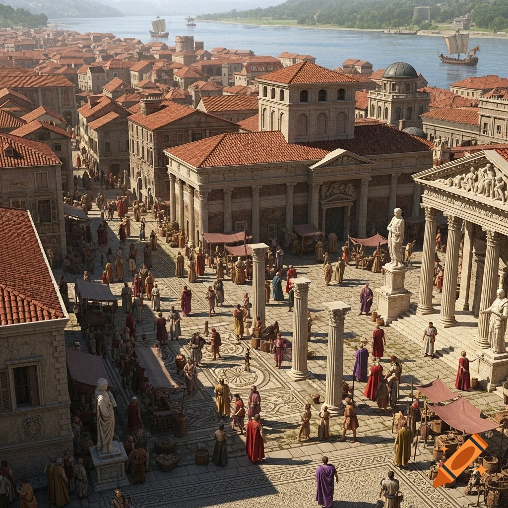 An aerial view of a bustling ancient Roman city with red-tiled buildings, a large public square with statues, and a river with ships.