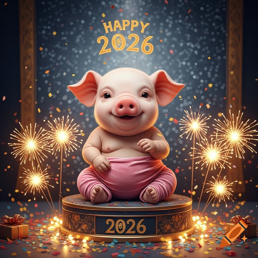 A cute, smiling baby pig in pink pants sits on a podium with '2026', surrounded by fireworks and confetti, with 'HAPPY 2026' above.
