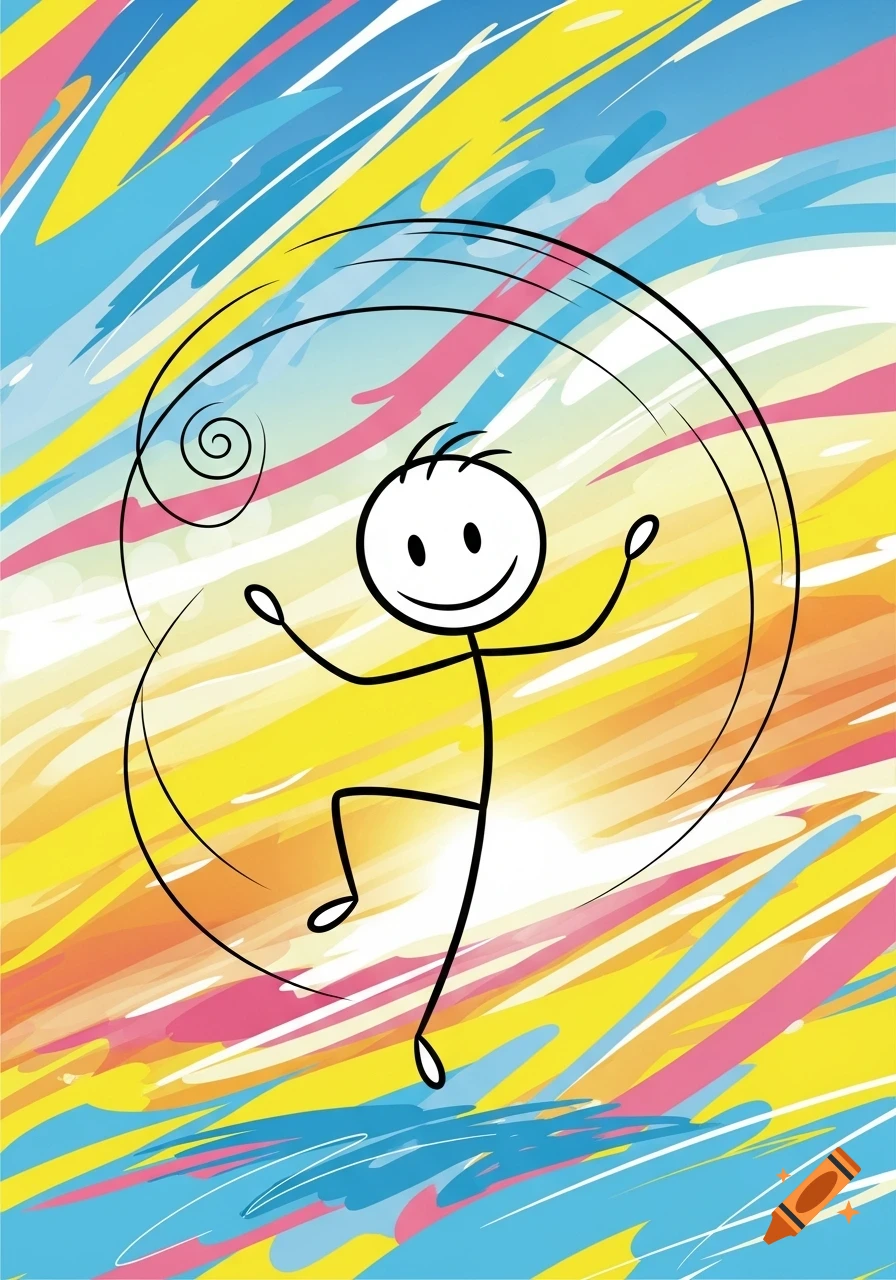 Smiling stick figure dancing with a swirling line on a vibrant abstract background of blue, yellow, and pink brushstrokes.