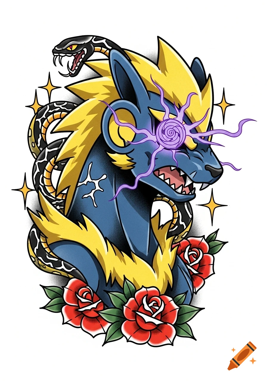A cartoon illustration of a snarling blue and yellow Luxray Pokémon with a purple glowing eye, encircled by a snake, with red roses below.