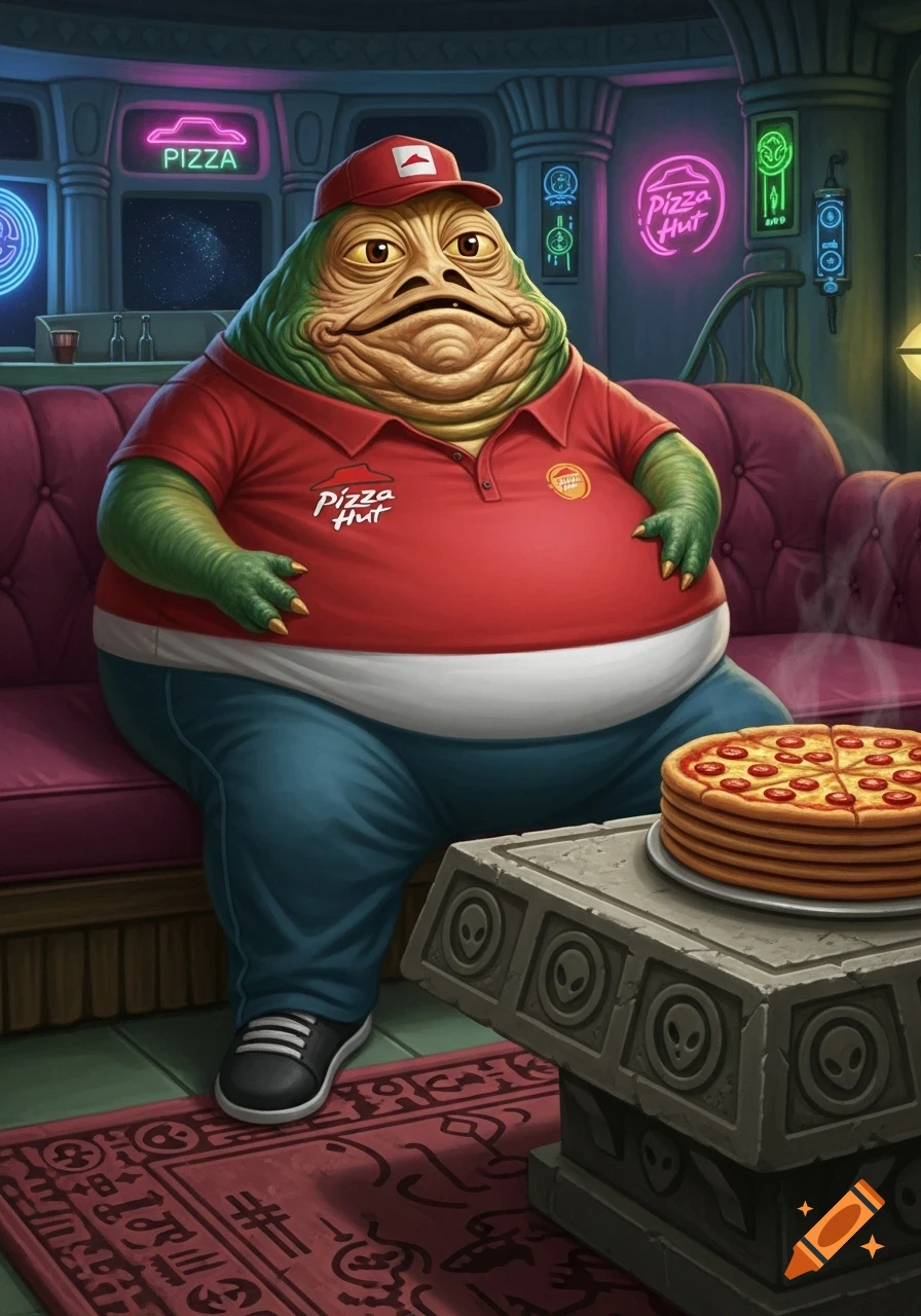 Jabba the Hutt wearing a red Pizza Hut uniform sits on a couch, looking at a stack of pizzas on a table in a sci-fi room.
