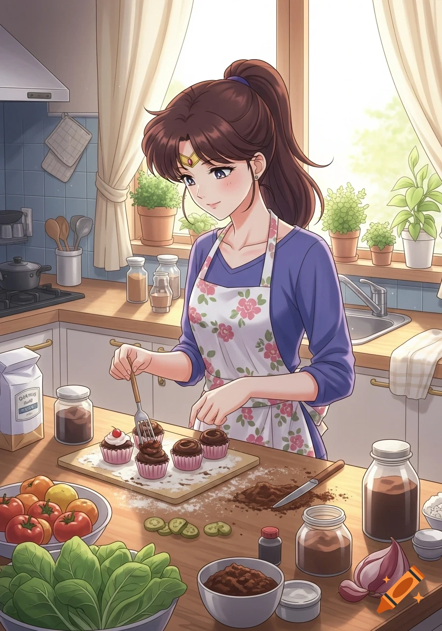 Anime character Makoto Kino, Sailor Jupiter, wearing an apron and baking chocolate cupcakes in a kitchen.