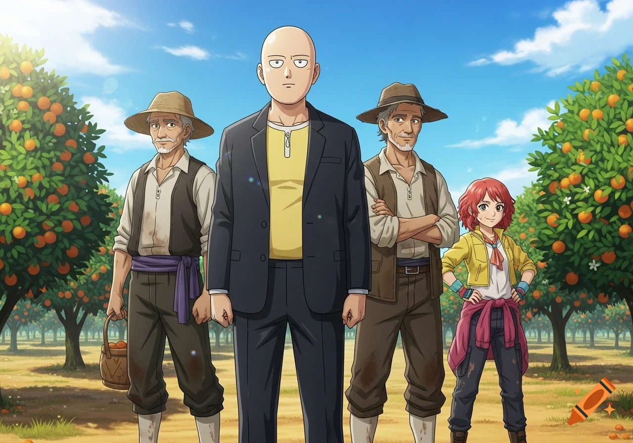 A bald man in a suit, two older farmers in hats, and a red-haired woman stand in an anime-style orange grove under a blue sky.