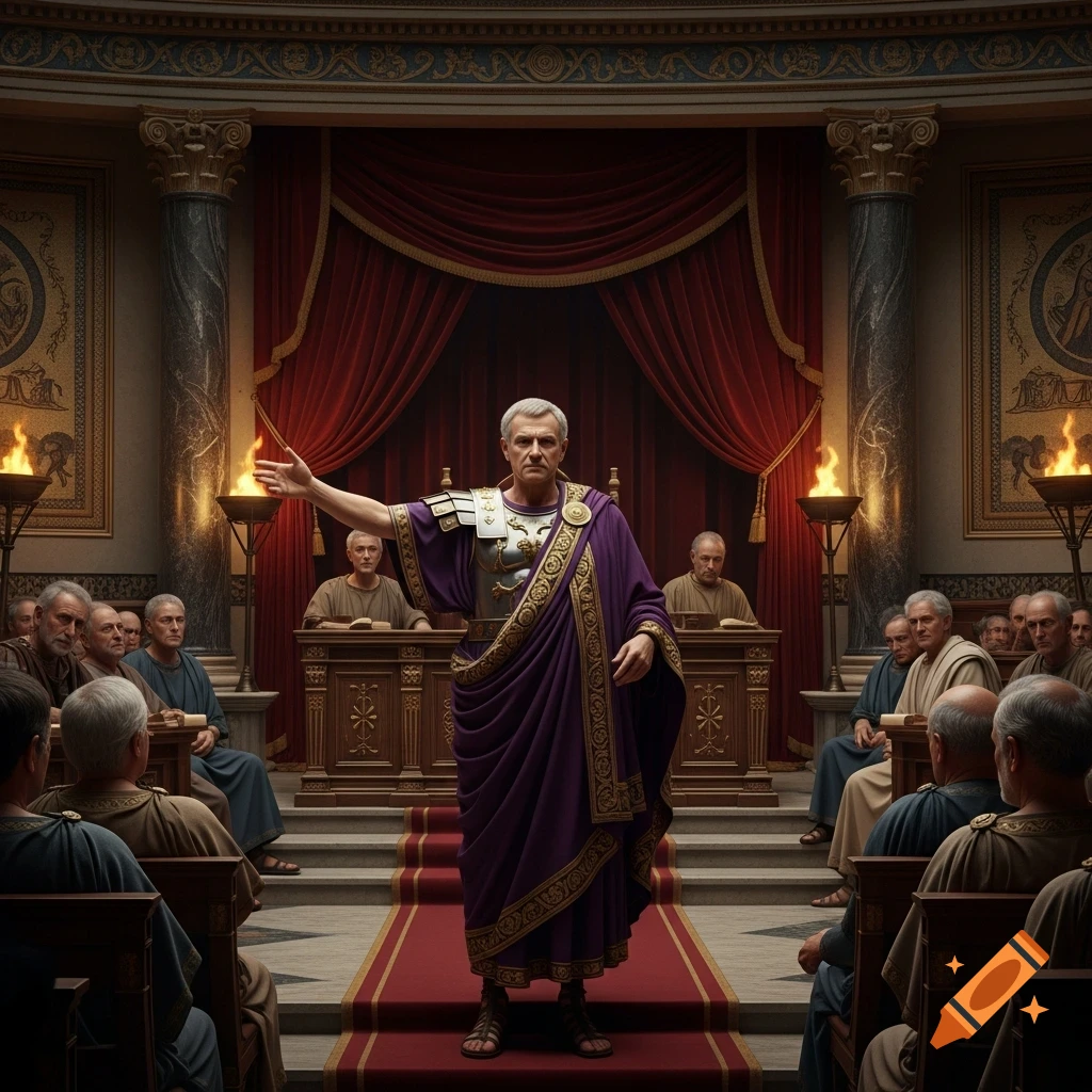 A Roman emperor in a purple toga addresses the senate from a red-carpeted dais in a grand hall, gesturing broadly.